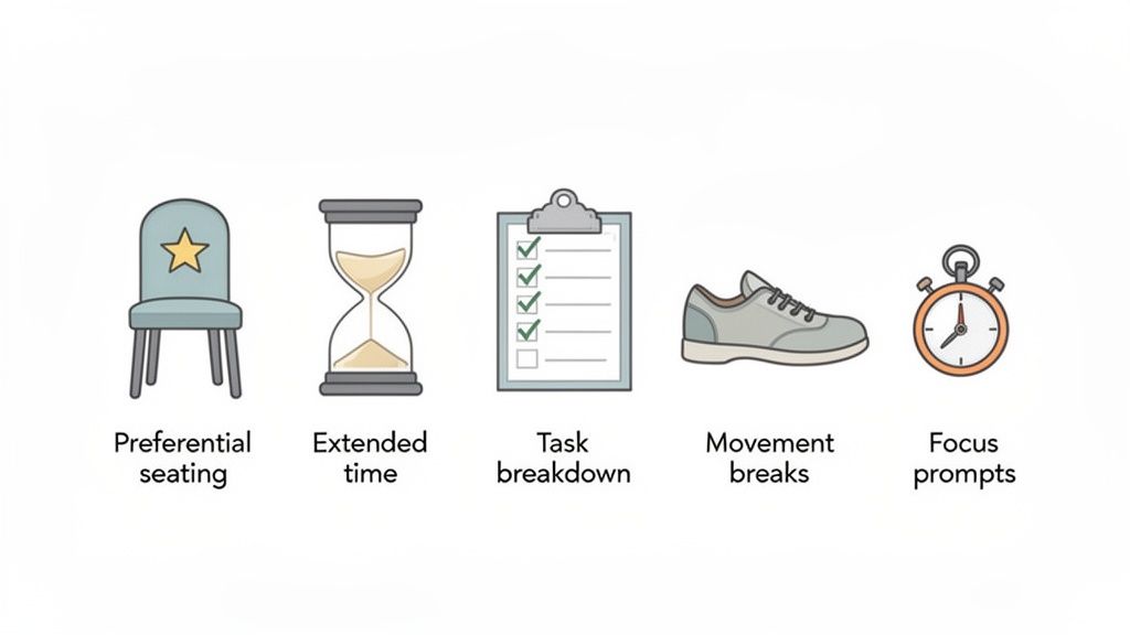 Illustrative icons representing various accommodations: preferential seating, extended time, task breakdown, movement breaks, and focus prompts.