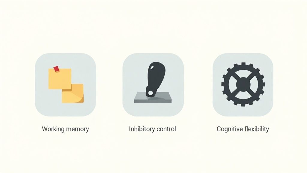 Three icons illustrate key executive functions: working memory (sticky notes), inhibitory control (lever), and cognitive flexibility (gear).