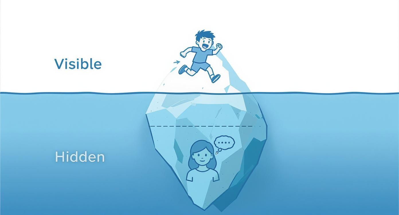 An iceberg illustration shows a boy running on the visible tip and a thinking girl submerged below.