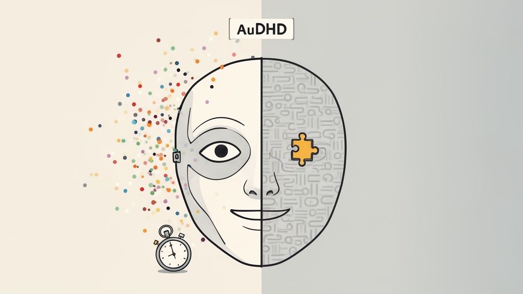 An illustration of a face split in half, depicting AuDHD with scattered dots, a stopwatch, and a puzzle piece.