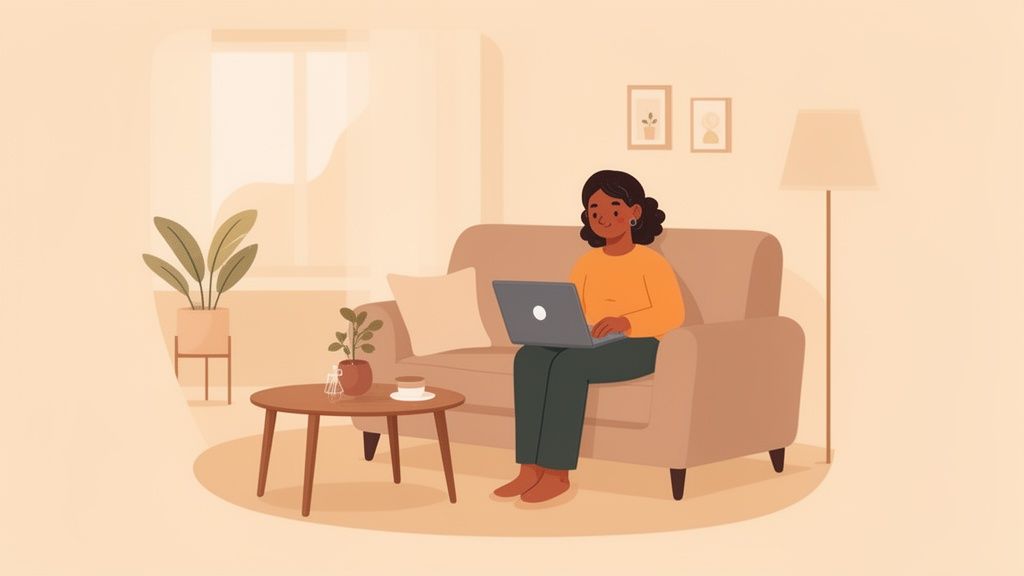 A woman comfortably uses her laptop on a couch in a cozy, sunlit living room setting.