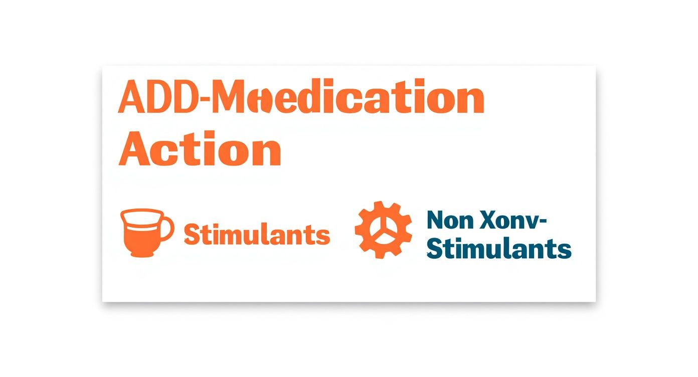 A white sign titled 'ADD-Medication Action', categorizing 'Stimulants' with a coffee cup icon and 'Non-Stimulants' with a gear icon.