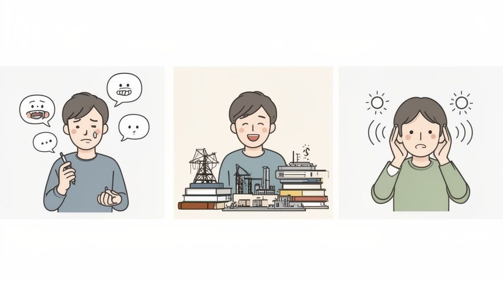 Illustration of an adult man experiencing emotional distress, intense focus, and sensory overload.