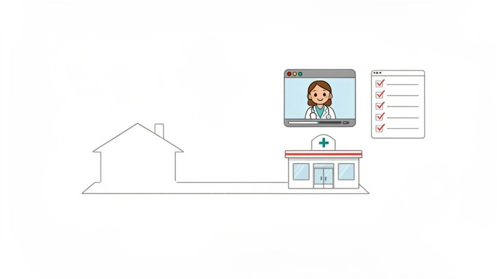 Illustration of a house connected to a hospital, showing a virtual doctor consultation and a checklist.