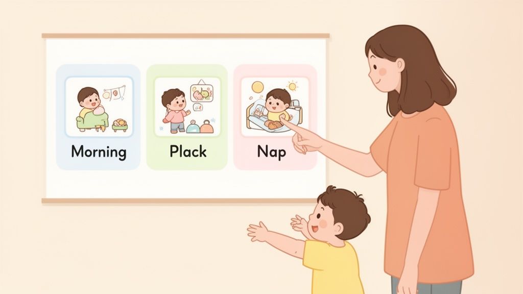 A mother and child interact with a visual schedule displaying morning, play, and nap routines.