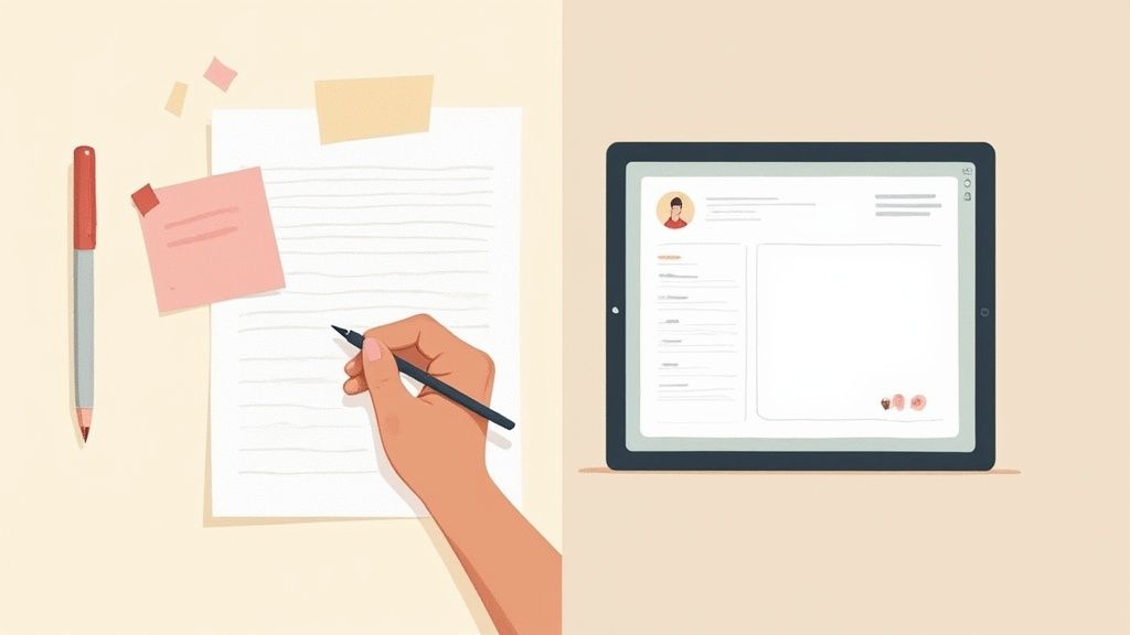 A person choosing between a paper and digital planner