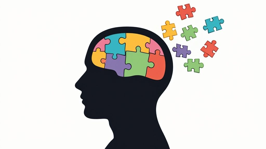 A person's head silhouetted against a bright, abstract background of interconnected lines and shapes, symbolizing the unique structure and capabilities of the autistic mind.