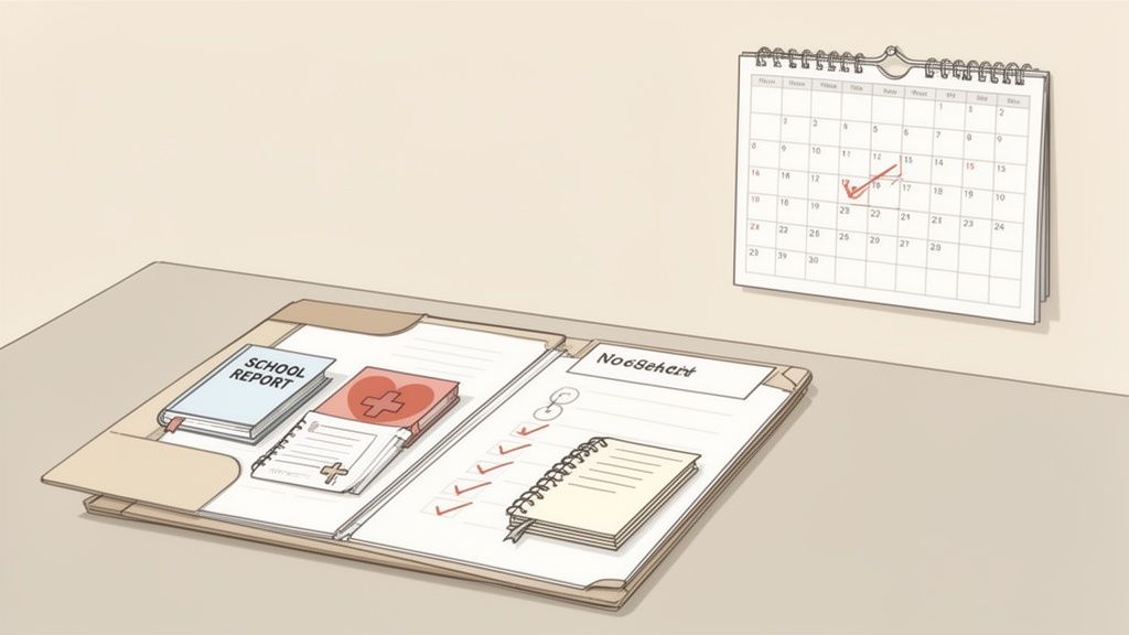 Organized desk with school reports, medical documents, a checklist, and a marked calendar.