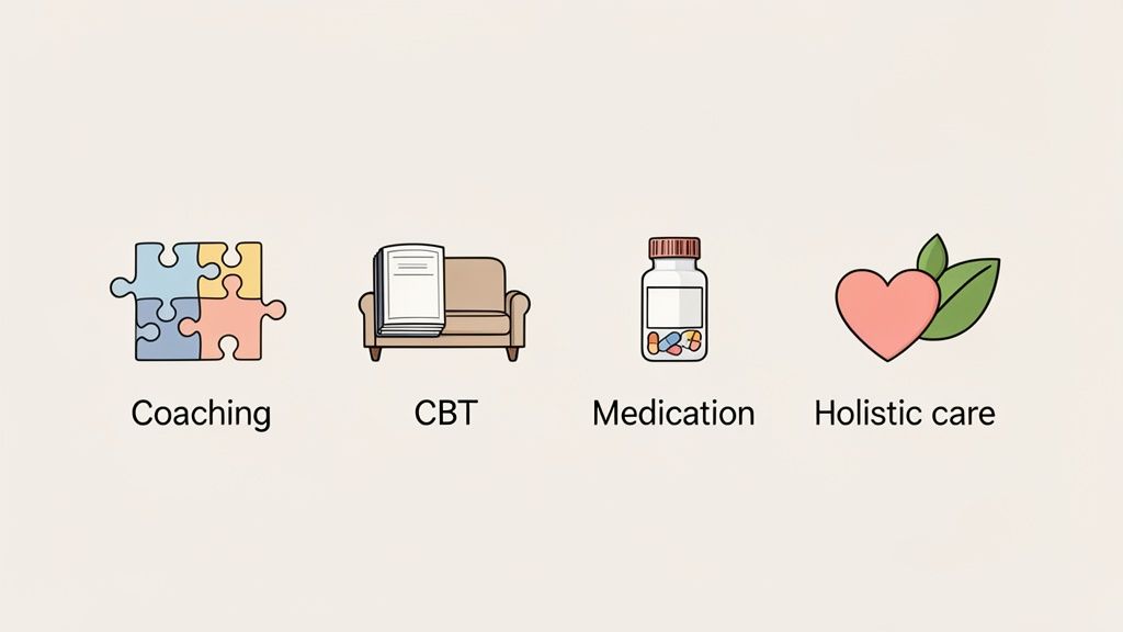 Four icons depict mental health approaches: coaching, CBT, medication, and holistic care options.
