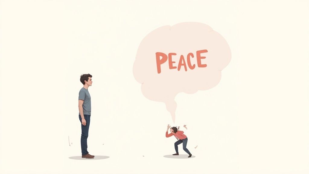 A tall man stands calmly while a smaller person is overwhelmed by a large speech bubble saying 'PEACE'.