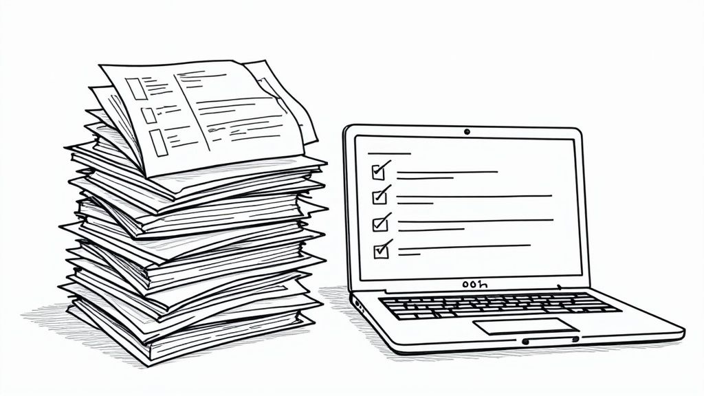 A person organizes documents and reports at a desk, highlighting the paperwork involved in securing accommodations.