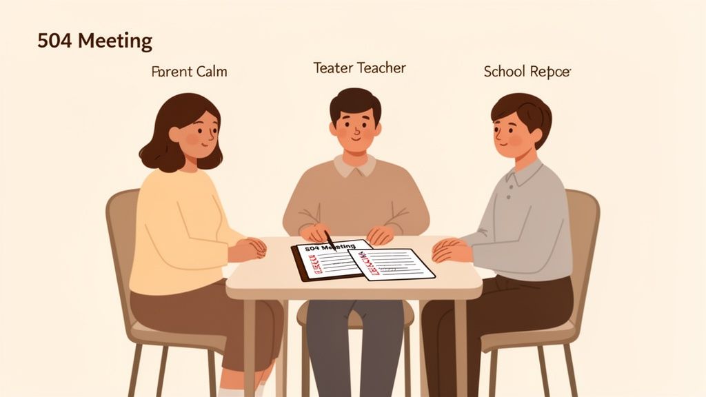 Three individuals—a parent, teacher, and school representative—sit around a table for a 504 meeting.