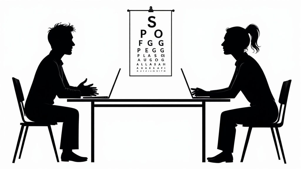 A clinician discussing results with a patient in a calm, professional office setting.