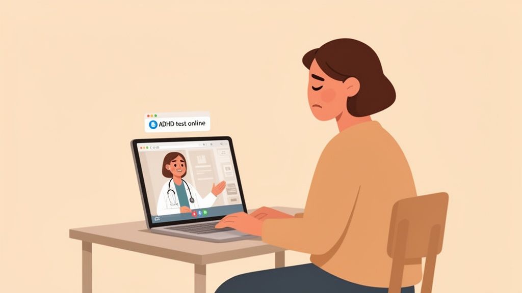 A woman looks concerned while taking an online ADHD test via video call with a doctor.