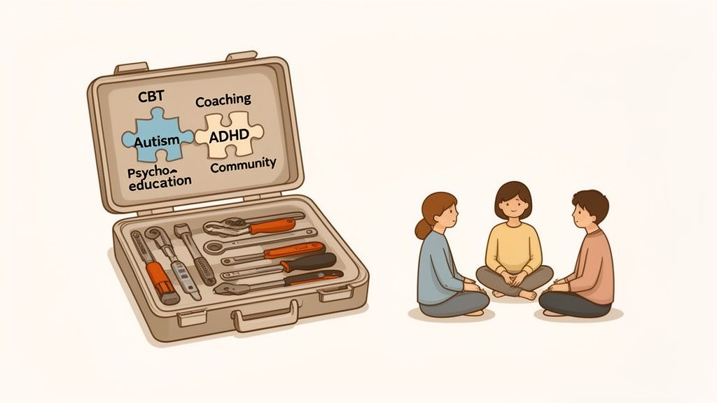 Illustration of a toolbox with support strategies for Autism and ADHD, and a group discussion.