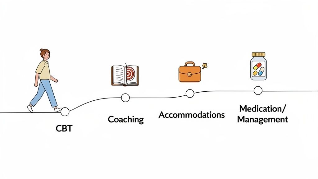 A person walks along a path illustrating steps for ADHD management: CBT, coaching, accommodations, and medication.