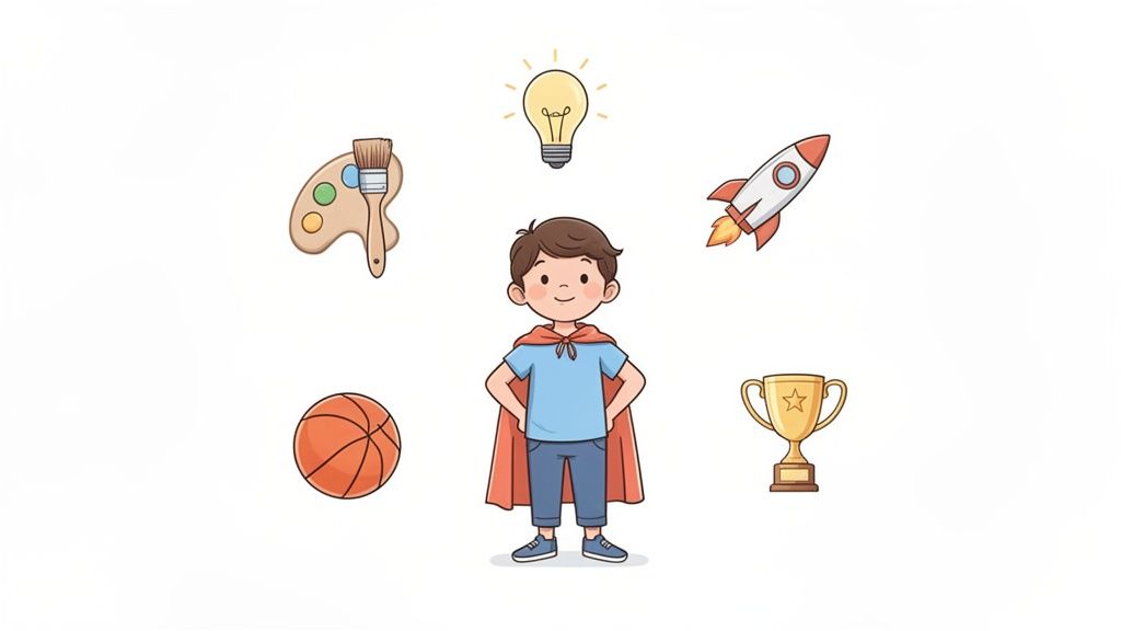 A happy cartoon boy in a superhero cape surrounded by icons of diverse interests and achievements.