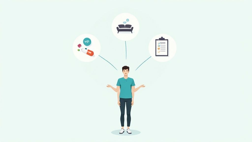 A man balancing choices: medication, rest, and a treatment plan, illustrating health management.