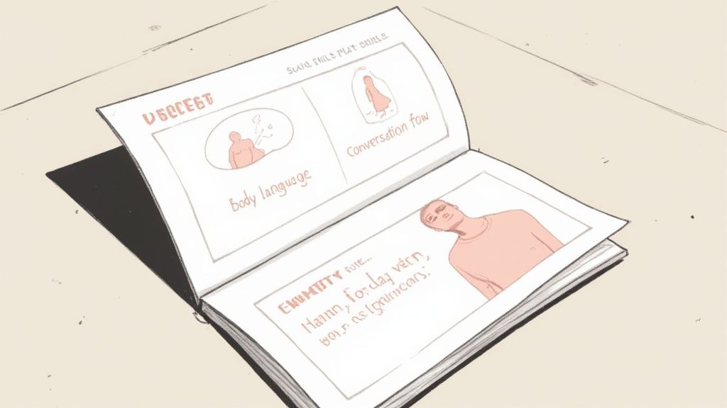 A group of adults having a friendly conversation in a modern office, representing social skills in a professional setting.