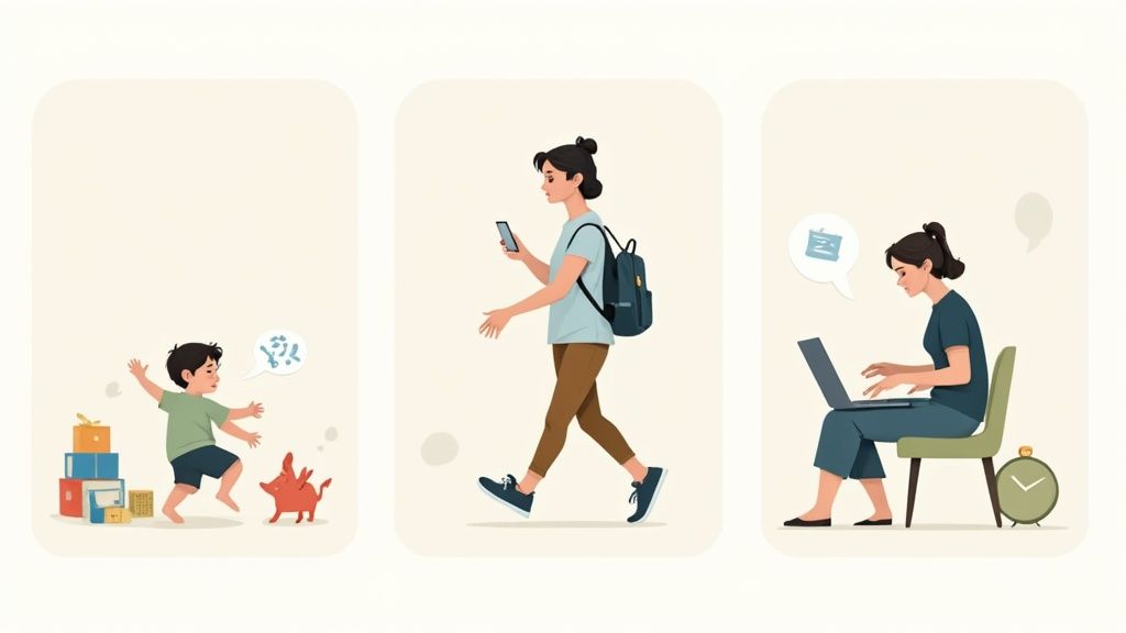 Three panels depicting a boy playing with toys, a woman walking with a phone, and a woman working on a laptop.