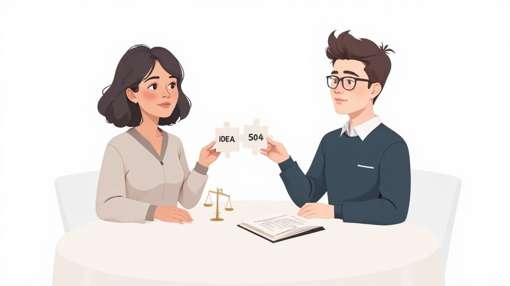 Two professionals discussing ideas and errors during special education advocacy planning meeting