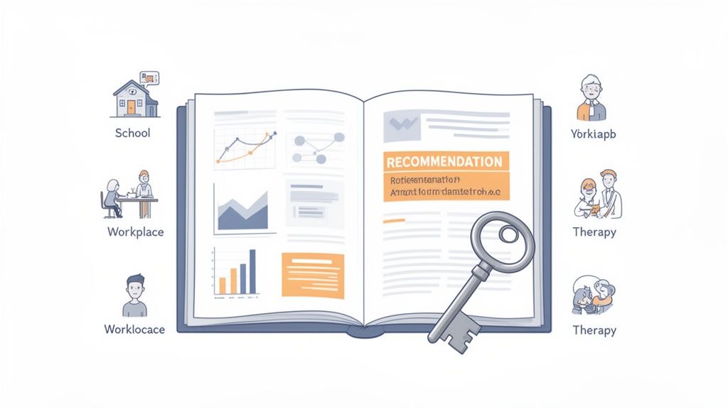 An open book displays charts, data, and recommendations, surrounded by icons representing school, workplace, and therapy.