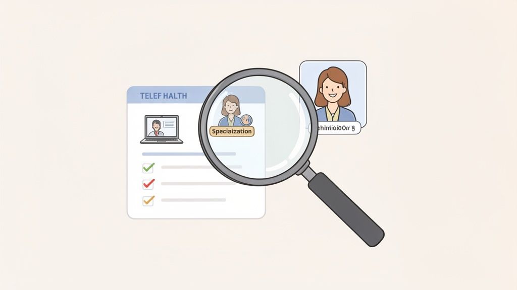 A magnifying glass highlights a telehealth profile showing specialization and a person's image.