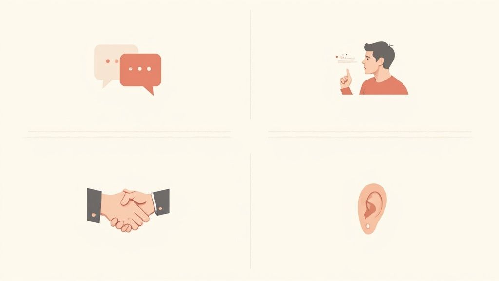 A diverse group of people engaged in a friendly and dynamic conversation, illustrating the core skills of social interaction.