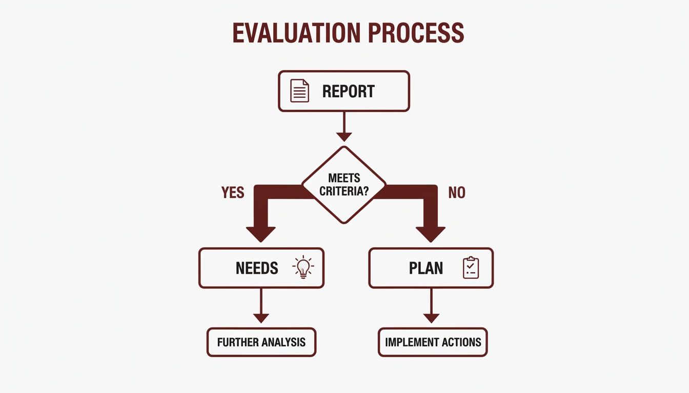 A flowchart illustrates an evaluation process, starting with a report, followed by a 'Meets Criteria?' decision.