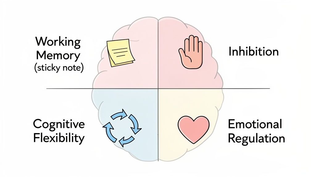Illustration of a brain divided into four quadrants, depicting executive skills: working memory, inhibition, cognitive flexibility, and emotional regulation.