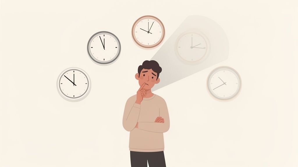 A stressed man surrounded by multiple clocks, contemplating time management or executive dysfunction.