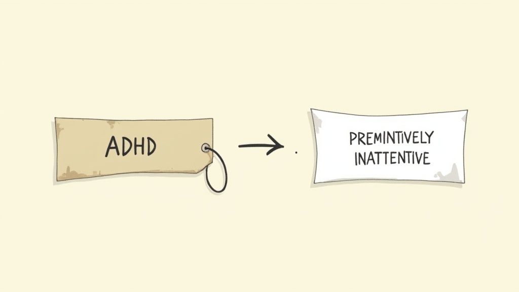Illustration of an 'ADHD' tag pointing to a paper with 'PREMINTIVELY INATTENTIVE' written on it.