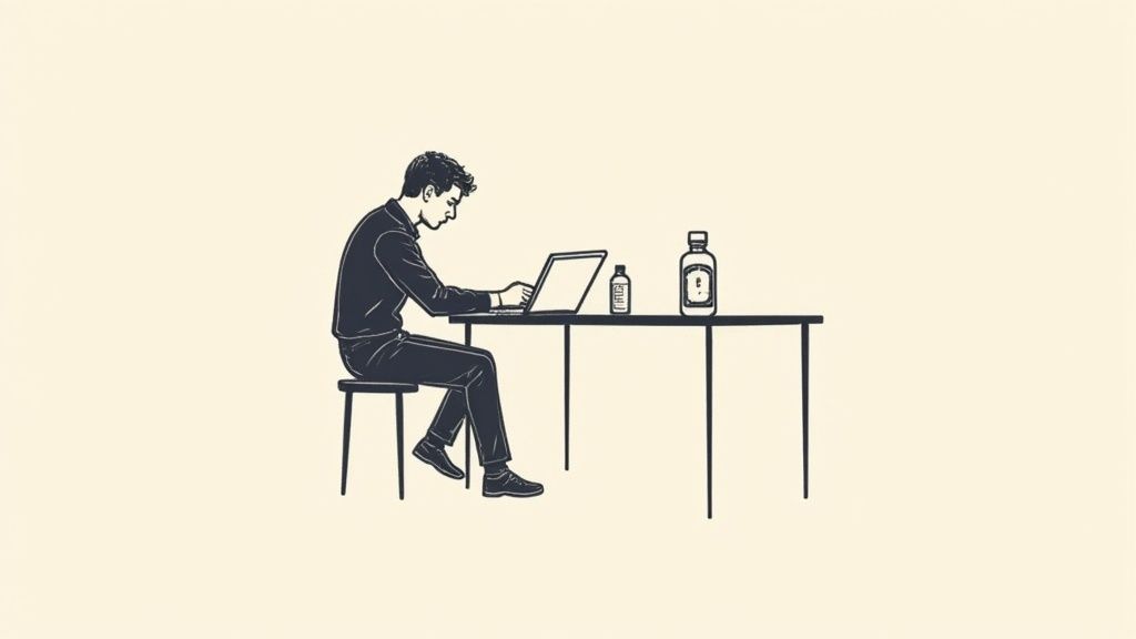 A person sitting at a desk, looking thoughtfully at a piece of paper, with a laptop and scattered notes nearby.