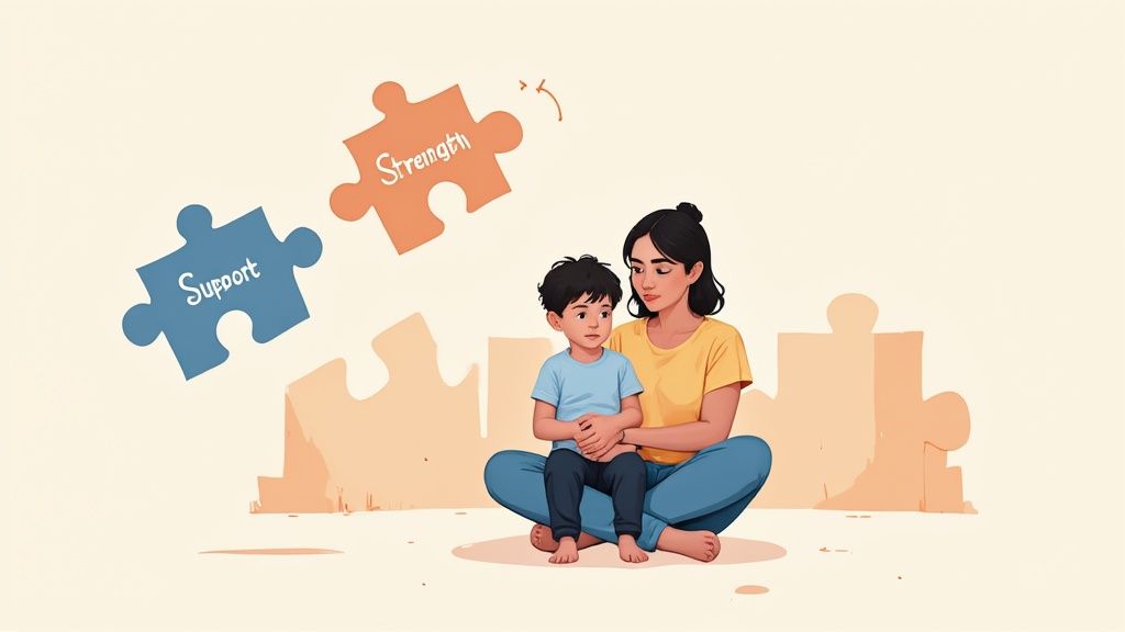 An illustration of a mother and child sitting, with 'Support' and 'Strength' puzzle pieces floating above.