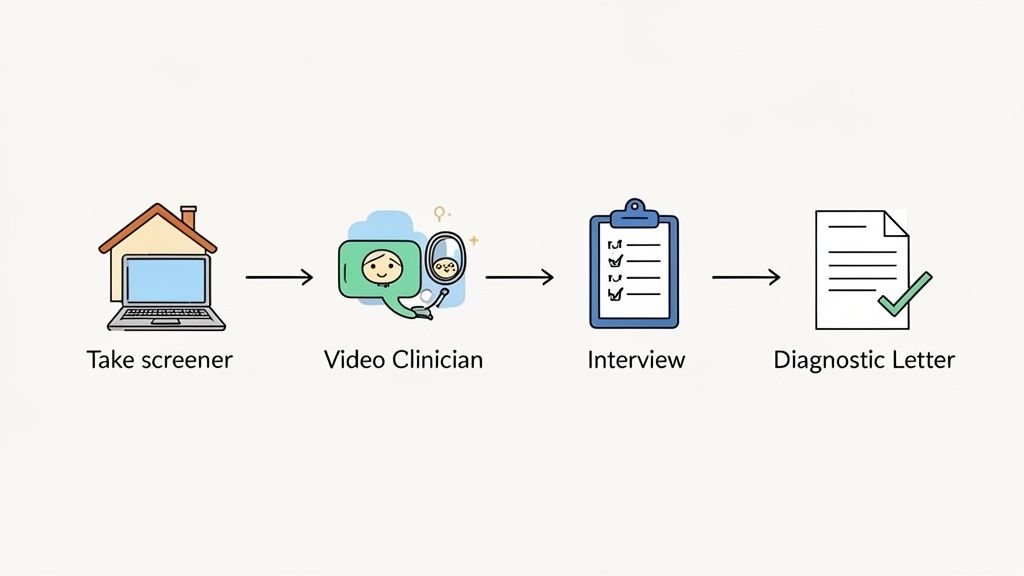 Diagram illustrating the diagnostic pathway for ADHD, from screener to video clinician, interview, and diagnostic letter.