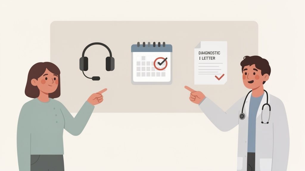 A patient and a doctor point to icons representing communication, appointment scheduling, and a diagnostic letter.