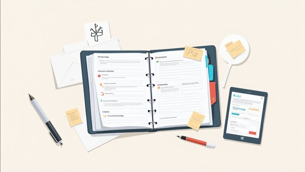 Open special education planner with colorful tabs, tablet device, sticky notes, and pens on desk