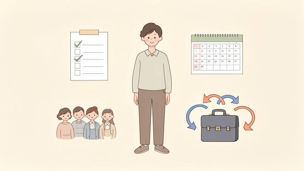 Illustration of a man surrounded by a checklist, calendar, diverse group, and briefcase with arrows, symbolizing life's tasks.