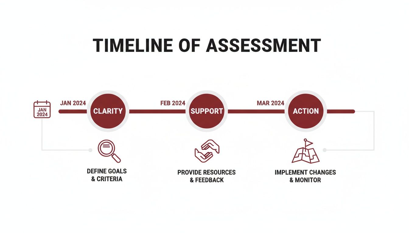 Timeline of assessment with three phases: Clarity, Support, and Action from January to March 2024.