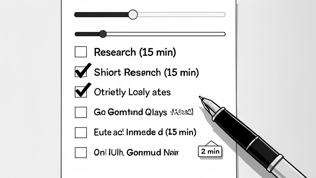 A paper checklist with several tasks, two of which are checked, and a pen next to it.