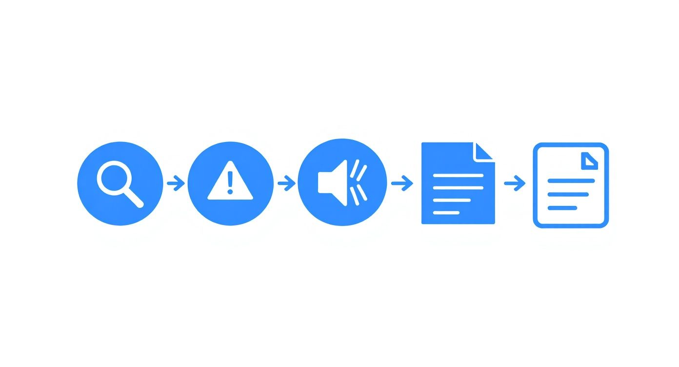 Sequential workflow diagram showing search, warning, announcement, document creation, and final report process icons