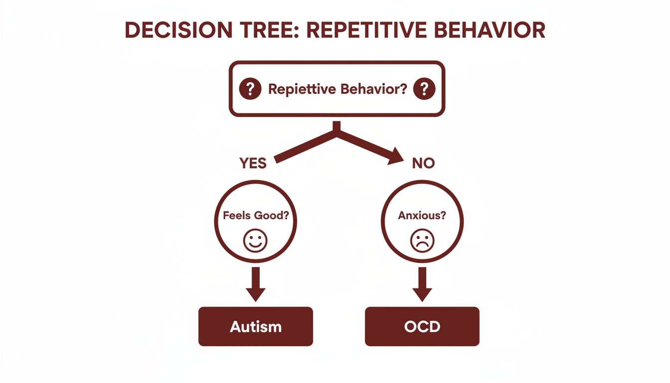 A decision tree flowchart comparing repetitive behaviors: If it feels good, it's autism; if it's anxious, it's OCD.