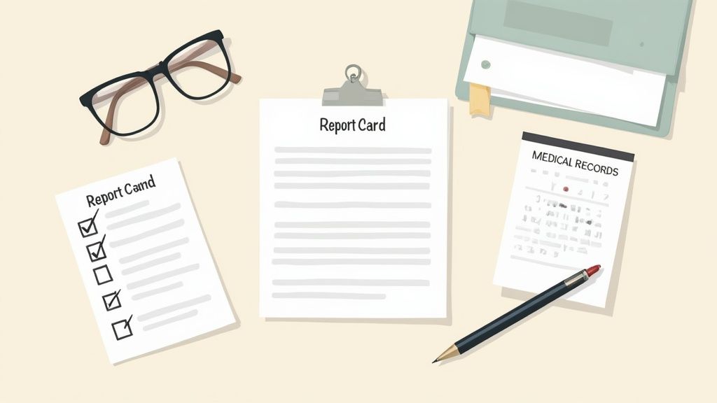 A person sitting at a desk, looking thoughtfully at a laptop and notebooks, with a checklist nearby.