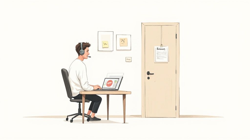 An adult is sitting on a couch, using a laptop for an online therapy session in a comfortable, private room.