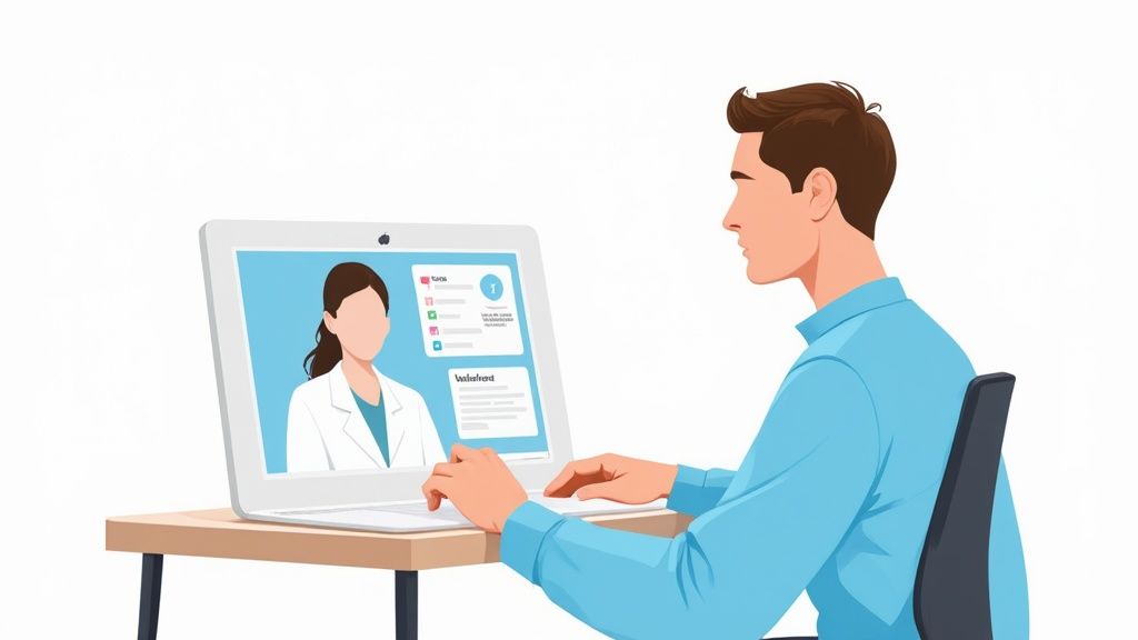 A man sits at a desk, engaging in an online medical consultation with a doctor on his laptop.