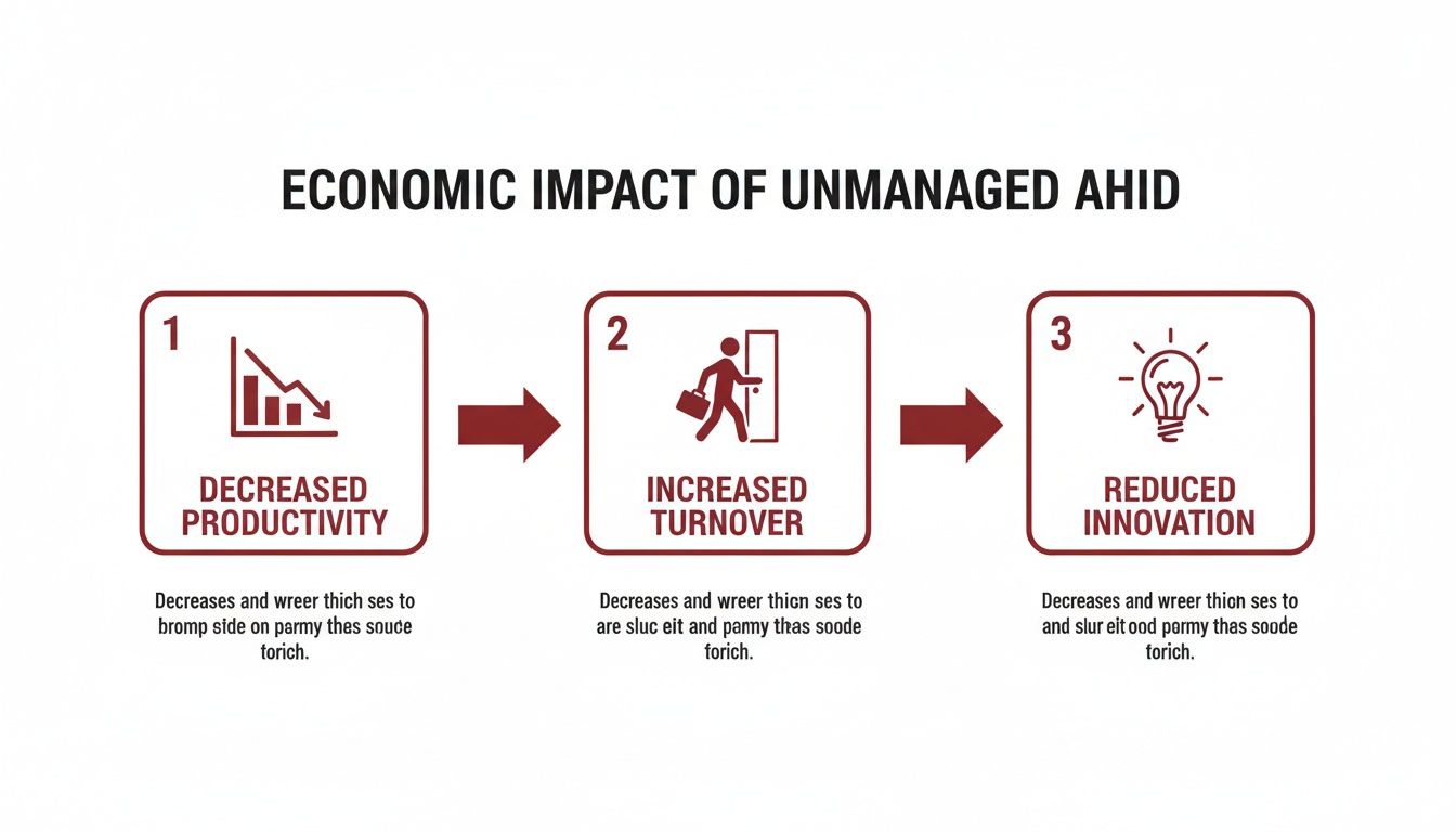Diagram showing the economic impact of unmanaged AHID: decreased productivity, increased turnover, and reduced innovation.
