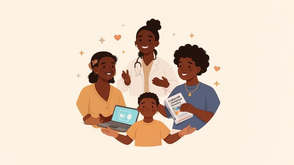 Smiling Black doctor, two women, and two boys with a laptop and book, representing support.