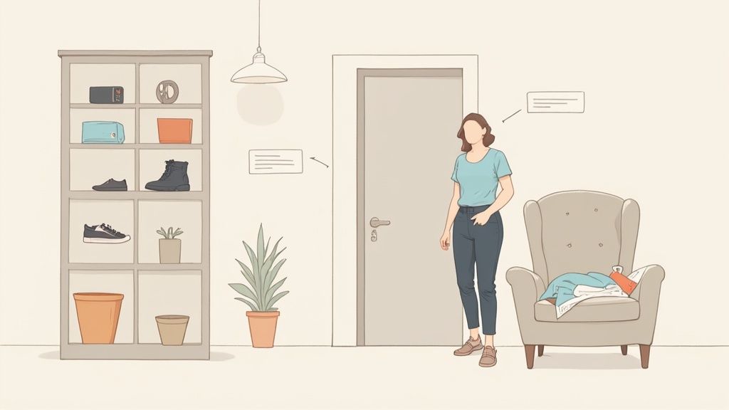 Woman standing in organized living room with shelving unit, armchair, and potted plants illustration