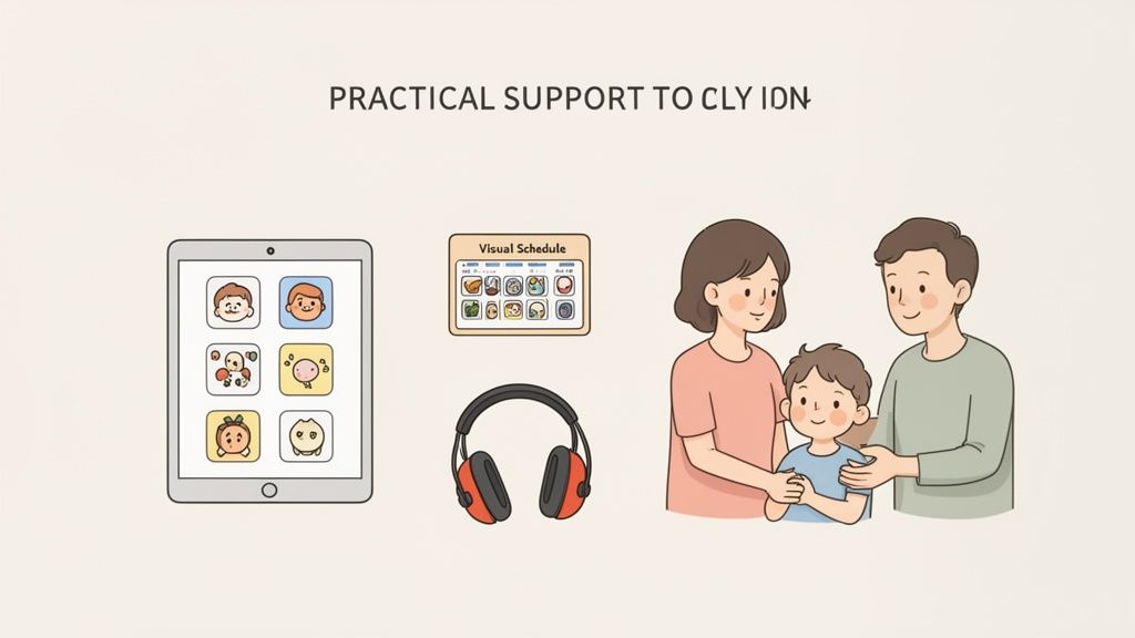 Illustration of a tablet, visual schedule, headphones, and a family, representing practical support for children.
