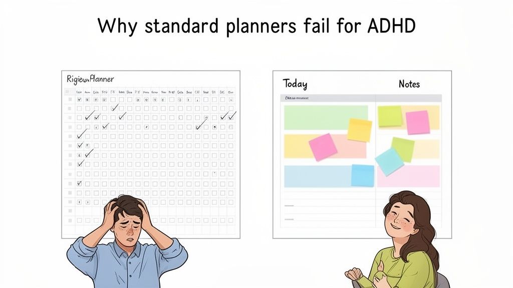Stressed person with a rigid, unchecked planner, contrasted with a happy person using a flexible, colorful planner, showing ADHD struggles.